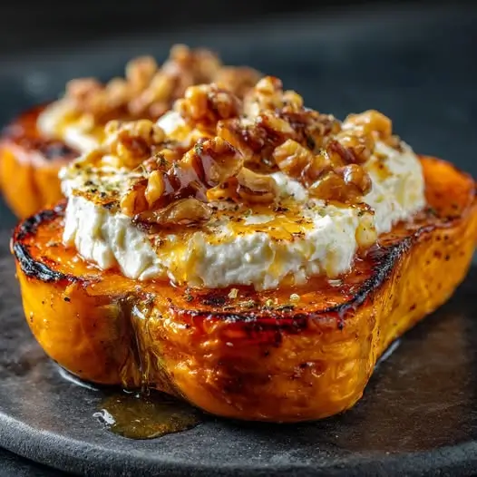 Courge Butternut Rôtie : Chèvre Fondu, Miel et Croquant de Noix