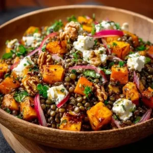 Salade Tiède de Lentilles, Patate Douce Rôtie et Chèvre Frais