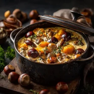 Cocotte Crémeuse Végétale : Courge, Châtaignes et Champignons Poêlés