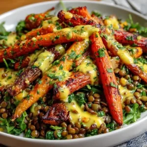Salade Tiède de Lentilles, Carottes Rôties et Sauce Miel-Moutarde