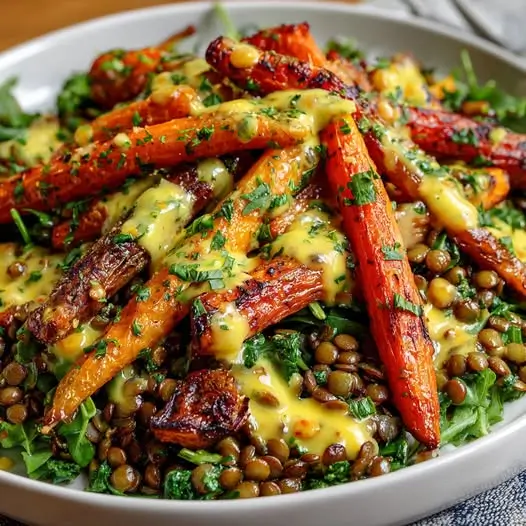 Salade Tiède de Lentilles, Carottes Rôties et Sauce Miel-Moutarde