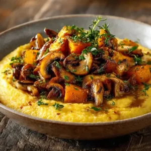 Polenta Crémeuse, Courge Rôtie et Champignons Poêlés
