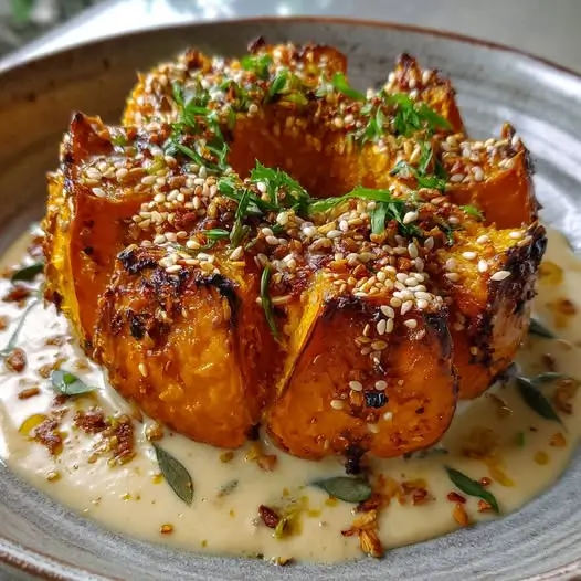 Potimarron Rôti : Sauce Crémeuse Coco-Citronnelle et Sésame Grillé