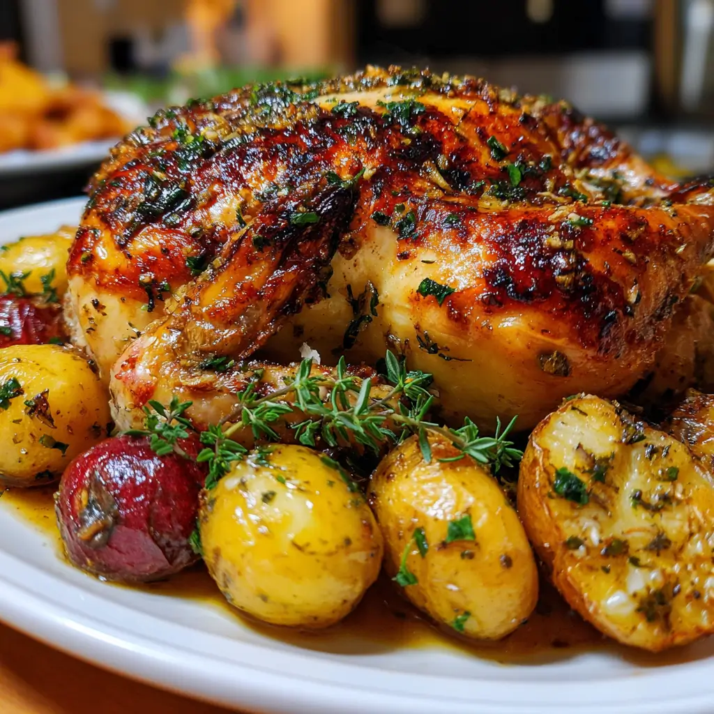 Chapon rôti au four et pommes grenailles
