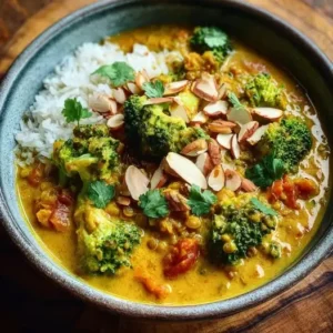 Curry Exotique de Légumes : Brocoli, Lentilles Vertes et Amandes Grillées