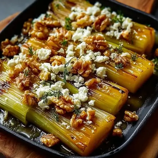 Poireaux Rôtis au Glaçage Miel-Moutarde, Feta et Noix Croquantes