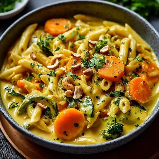 Pâtes Crémeuses au Lait de Coco, Légumes Croquants et Curry Jaune