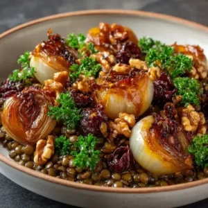 Salade Tiède de Lentilles, Oignons Confits et Noix