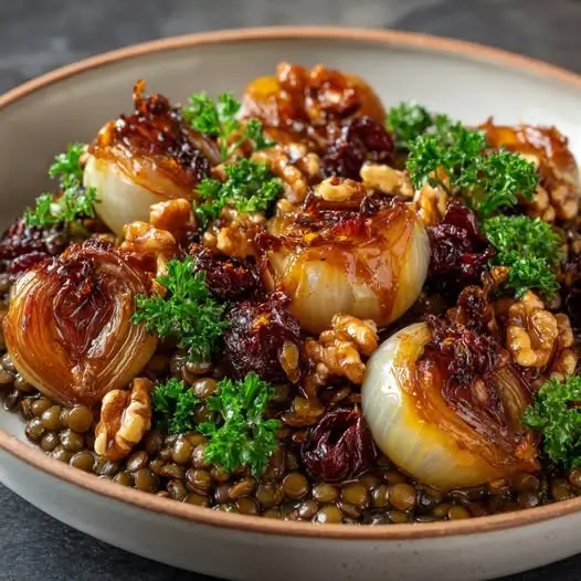 Salade Tiède de Lentilles, Oignons Confits et Noix