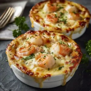 Cassolettes de Saint-Jacques et Gambas (Crème de Vin Blanc et Gratiné)