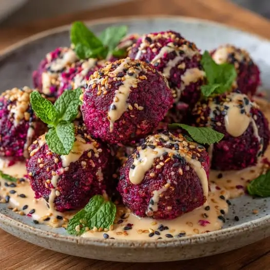 Boulettes de Betterave Rouge et Pois Chiches, Sauce Tahini-Orange