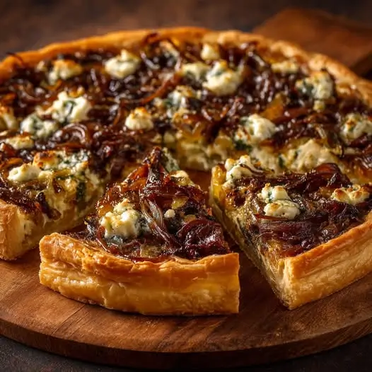Tarte Fine aux Oignons Caramélisés, Poireaux et Bleu