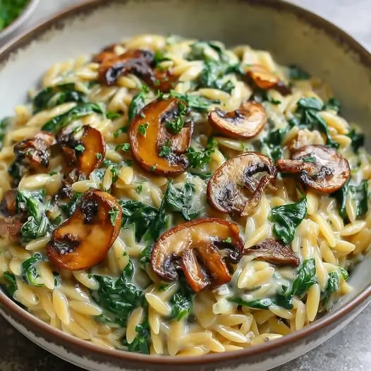 Orzo Velours : Champignons Sautés, Épinards et Crème de Parmesan