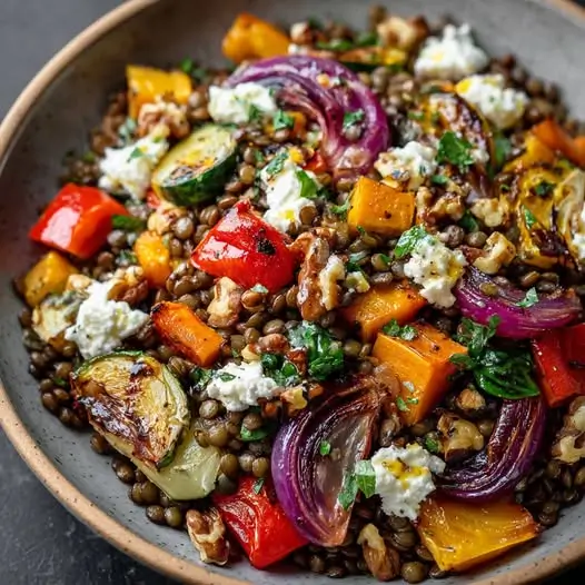 Salade de Lentilles Tiède : Légumes Rôtis, Chèvre et Noix