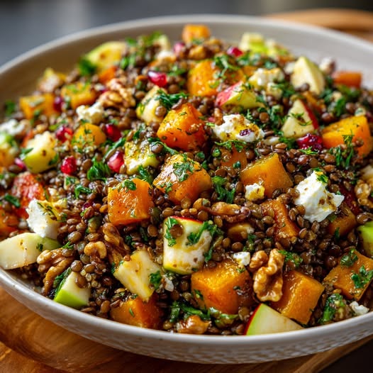 Lentilles Vertes, Courge Rôtie, Pommes et Feta