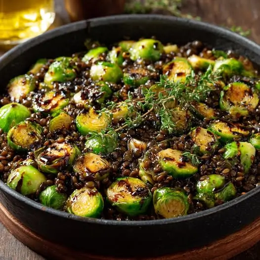Choux de Bruxelles Fondants, Lentilles et Ail Confit