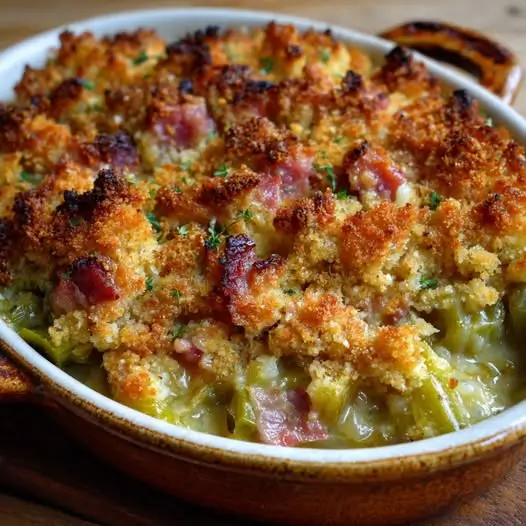 Crumble de Poireaux Fondants, Lardons Fumés et Sablé au Comté