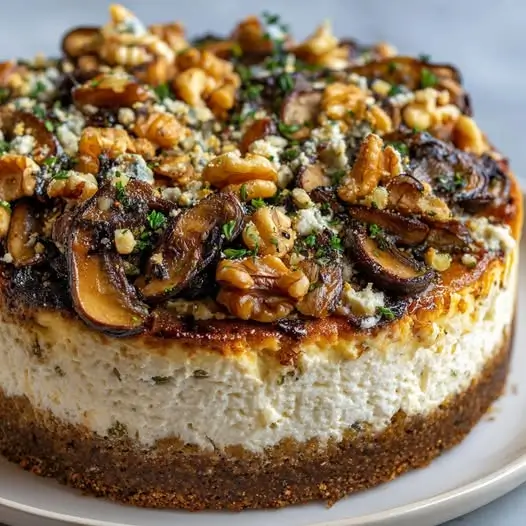 Cheesecake Salé : Gorgonzola Onctueux, Champignons Saisis & Sablé aux Noix