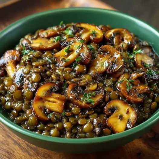 Lentilles Crémeuses et Champignons Dorés