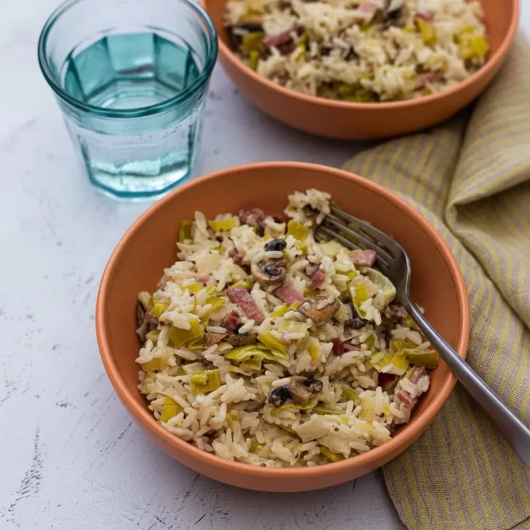 Riz à la Crème, Poireaux, Champignons et Bacon