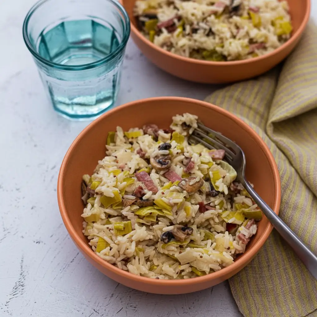 Riz à la Crème, Poireaux, Champignons et Bacon