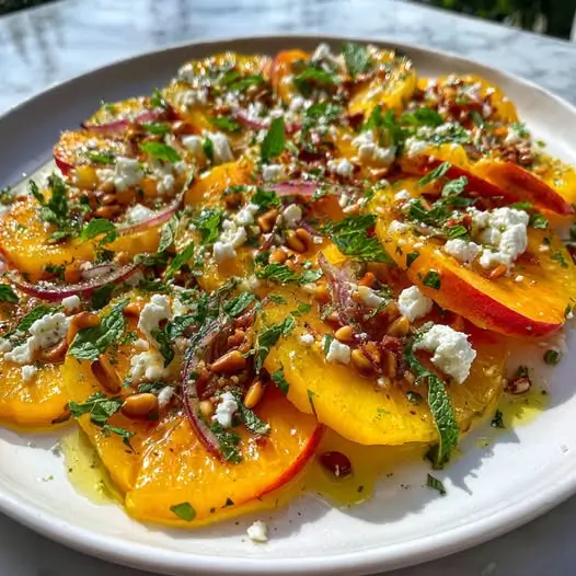 Carpaccio de pêches jaunes, feta et menthe fraîche