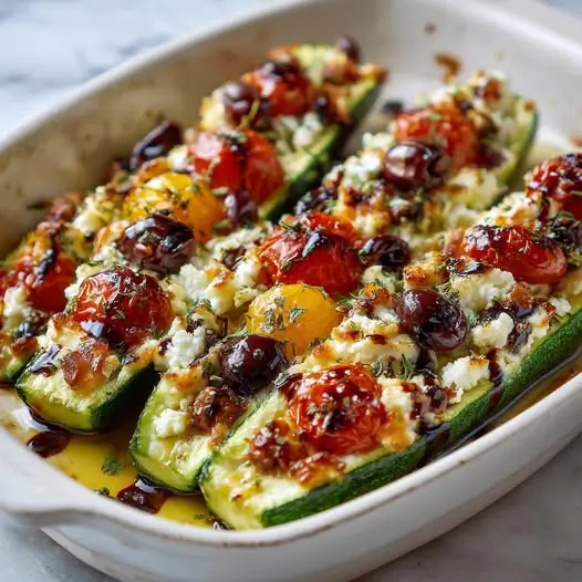 Courgettes farcies a la mediterraneenne, feta et tomates cerises