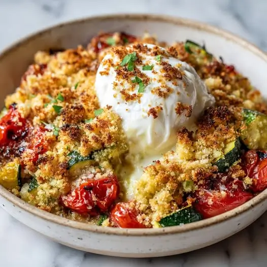 Crumble de légumes d'été et burrata crémeuse, recette gourmande