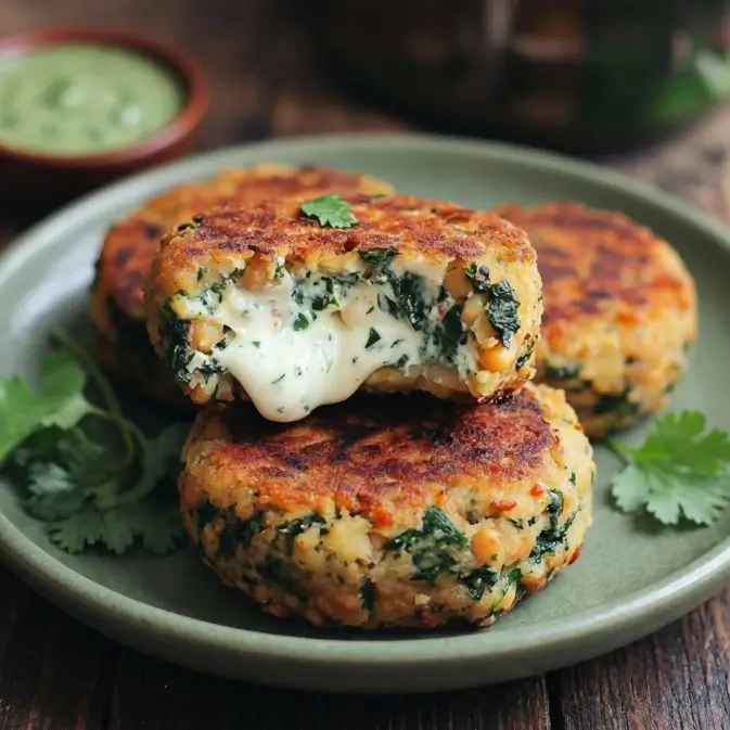 Galettes de Pois Chiches aux Épinards et Cœur Coulant de Chèvre, Sauce Yaourt à la Coriandre