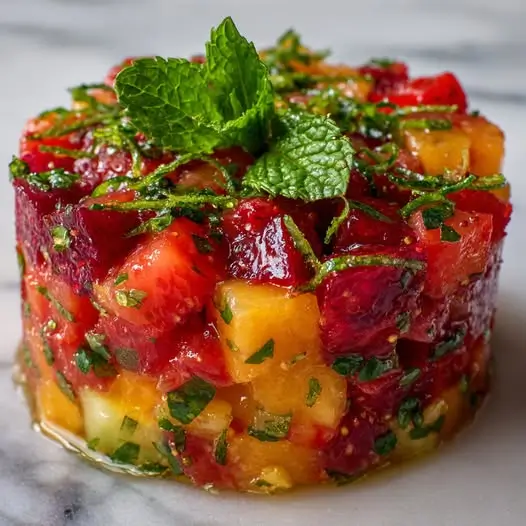 Tartare de fraises et melon au citron vert et menthe