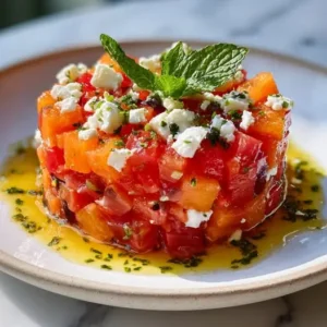 Tartare de melon Charentais, tomates et feta au citron vert
