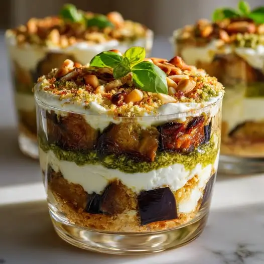 Tiramisu salé aubergine confite, ricotta et pesto