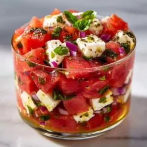 Verrines pastèque, feta et citron vert au basilic