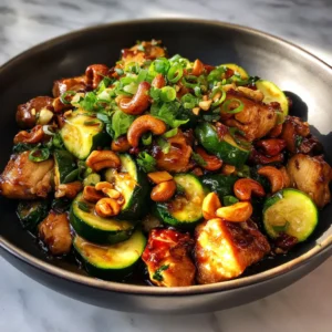 Wok de poulet aux noix de cajou, courgettes et gingembre frais