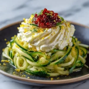 Nid de courgette spiralee et mousse de feta citronnee
