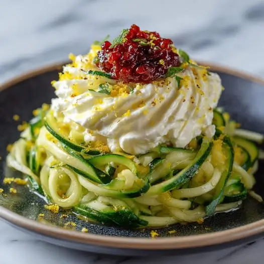 Nid de courgette spiralee et mousse de feta citronnee