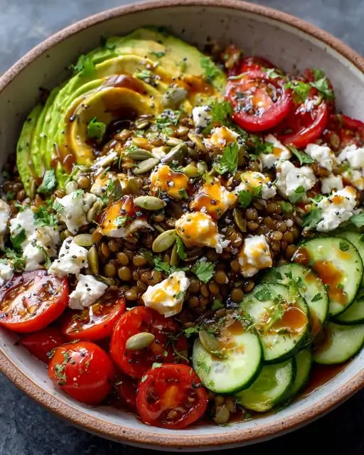 Bowl Énergie aux Lentilles Vertes, Avocat, Feta et Gingembre