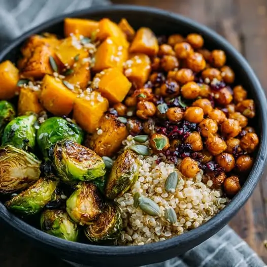 Buddha Bowl Automnal Courge Butternut, Choux de Bruxelles