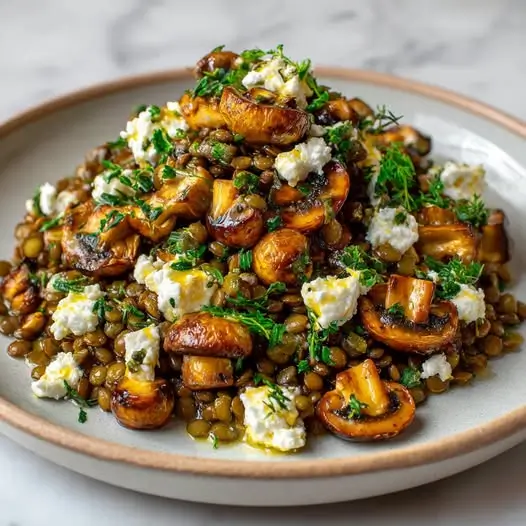 Salade Tiède de Lentilles, Champignons et Feta